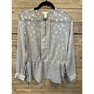 HM Womens Blue Sheer Polka‎ Dot Drawstring Tie Waist Long Sleeve Blouse Size 10